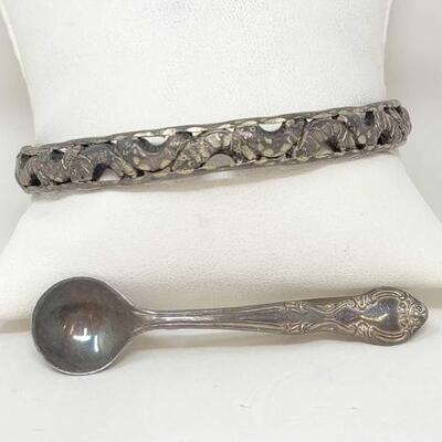 #984 â€¢ Sterling Silver Engraved Bangle and Small Spoon Pin, 42g