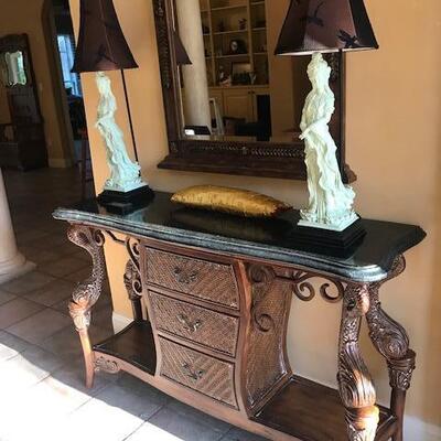 Hall piece with granite top/2 gorgeous Asian lamps