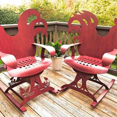 Steel-coated, sculptural rocking chairs, garden or porch statement piece, perfect for determining who rules the roost,