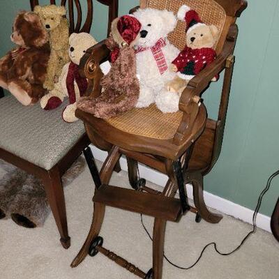 Antique foldable rolling stroller and high chair 