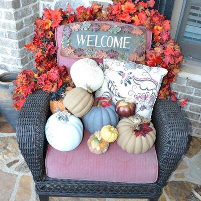 Outdoor Wicker Resin Chairs, Side Table, Fall, Thanksgiving, Pumpkins Decor, and More 