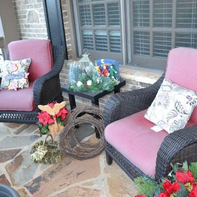 Outdoor Wicker Resin Chairs, Side Table, Christmas Decor