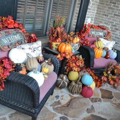 Outdoor Wicker Resin Chairs, Side Table, Fall, Thanksgiving, Pumpkins Decor, and More 