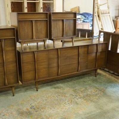 1233	RED LION 5 PIECE MID CENTURY MODERN BEDROOM SUITE, HIGH CHEST, LOW CHEST W/ MIRROR, 2 NIGHTSTANDS & A KING SIZE HEADBOARD, WEAR TO...