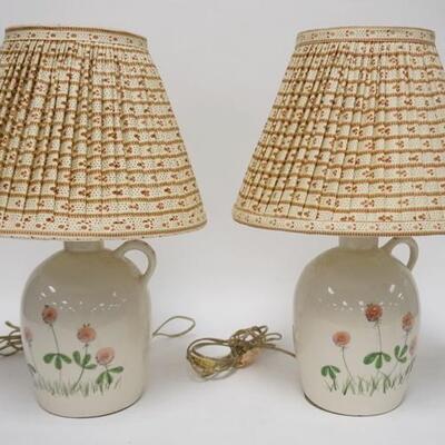 1248	PAIR OF HAND PAINTED JUG LAMPS W/ CLOTH SHADES. 18 IN H 
