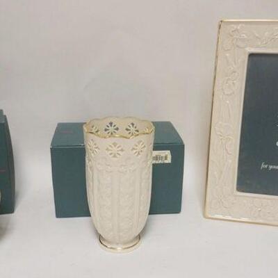 1116	4 PIECE LENOX LOT, PICTURE FRAME W/IRISES, PLUS 3 BOXED PIECES, VOTIVE, BOWL & VASE
