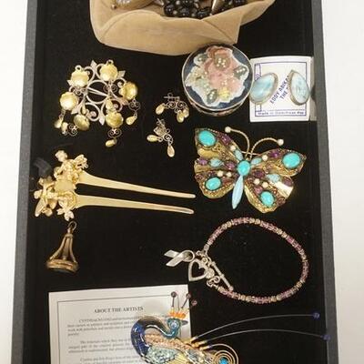 1302	LOT OF COSTUME JEWELRY, INCLUDING LARGE SIGNED PEACOCK PIN
