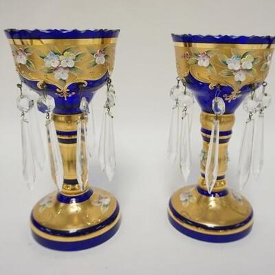 1127	PAIR OF COBALT BLUE W/GOLD GLASS LUSTERS, APPLIED PORCELAIN FLOWERS & PRISMS
