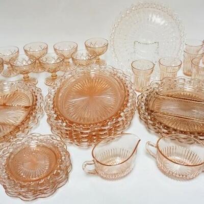 1273	36 PIECE PINK DEPRESSION GLASS, INCLUDES LACE EDGE, WATERFORD, ETC, LARGEST PLATES ARE 12 3/4 IN X 10 IN
