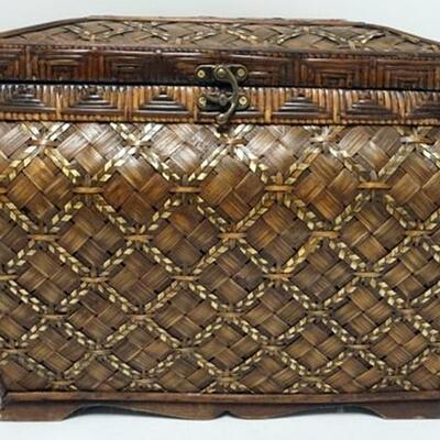 1296	DECORATIVE WOODEN BOX W/BASKET WEAVE OVERLAY, 19 IN X 12 3/4 IN X 13 IN HIGH
