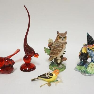 1311	6 BIRD FIGURES W/STANGL & VIKING LONG TAIL RED GLASS BIRD, TALLEST IS 10 IN
