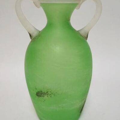 1087	GINO CENEDESE MURANO BLOWN GLASS VASE, GREEN W/APPLIED CLEAR RIM & HANDLES
