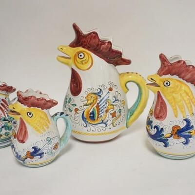 1067	4 HAND PAINTED ITALIAN CHICKEN PITCHERS, ALL SIGNED, TALLEST IS 10 IN
