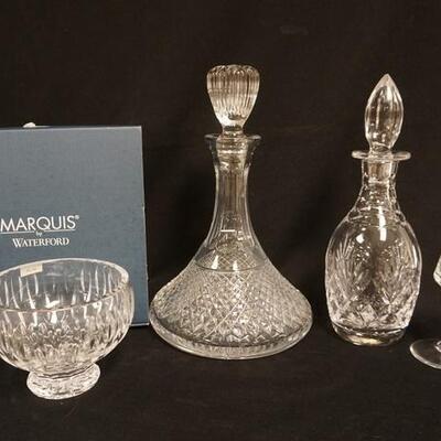 1141	4 PIECE CRYSTAL LOT, WATERFORD MARQUIS SHERIDAN BOWL IN BOX, LENOX CAPTAINS DECANTER, DECANTER & BUD VASE, TALLEST IS 12 1/2 IN...