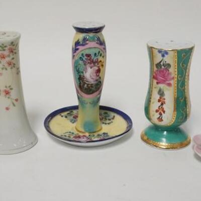 1073	5 DECORATED CHINA HATPIN HOLDERS, TALLEST IS 5 1/2 IN
