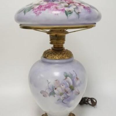 1264	HAND PAINTED PARLOR LAMP, DOGWOOD FLOWERS, BASE HAS BEEN REPAIRED, ELECTRIFED, 25 IN HIGH
