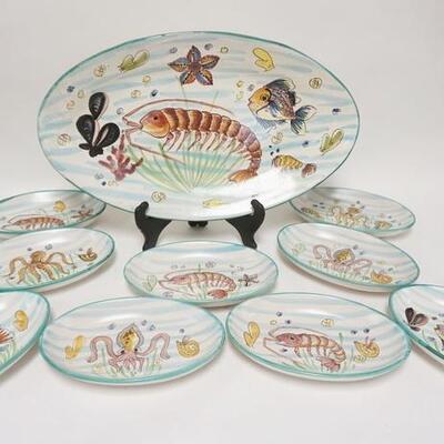 1069	10 PIECE ITALIAN HAND PAINTED SEAFOOD SET, GIOVANNI VIETRI, PLATTER IS 23 1/2 IN
