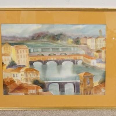 1252	WATERCOLOR BY ELAINE LAWRASON OF A CITY W/ WATER & BRIDGE. 30 1/2 IN X 23 1/2 IN INCLUDING FRAME (FRAME IS MISSING BACK)
