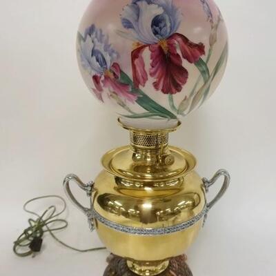 1154	VICTORIAN PARLOR LAMP, ELECTRIFIED, SHADE HAS HAND PAINTED IRISES, 23 IN HIGH
