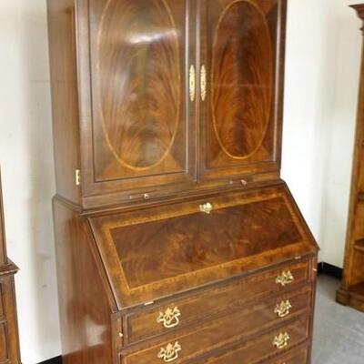 1162	HERITAGE HEIRLOOM INLAID SLANT FRON SECRETARY, SHELL FINIAL, BRACKET FEET, 91 IN HIGH X 40 IN WIDE
