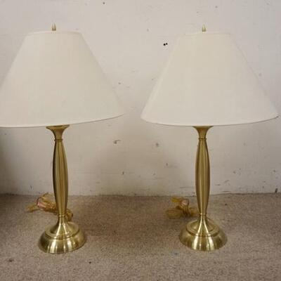 1239	PAIR OF BRASS TABLE LAMPS HAVE ORIGINAL FINIALS, 29 IN H 
