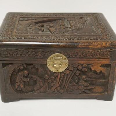 1045	DEEPLY CARVED ASIAN WOODEN BOX, 11 3/4 IN X 8 3/4 IN X 6 3/4 IN HIGH

