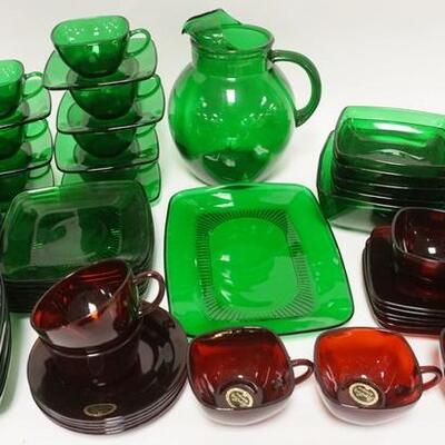 1276	61 PIECES FOREST GREEN & ROYAL RUBY GLASSWARE
