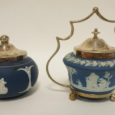 1125	WEDGWOOD & ADAMS JASPERWARE SUGAR BOWLS W/METAL LIDS, THE WEDGWOOD BOWL ALSO HAS A FRAME, 6 3/4 IN TO THE TOP OF THE FRAME
