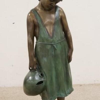 1033	VINCENZO AURISICCHIO FLOOR STANDING BRONZE, YOUNG GIRL CARRYING A JUG ON A MARBLE BASE, SIGNED, 41 1/2 HIGH

