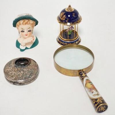 1138	4 PIECE LOT MINI HEAD VASE, STIEFF SILVERPLATED CIGAR CUTTER, LIMOGES CHINA BIRD CAGE & A MAGNIFIER W/HAND PAINTED CHINA HANDLE
