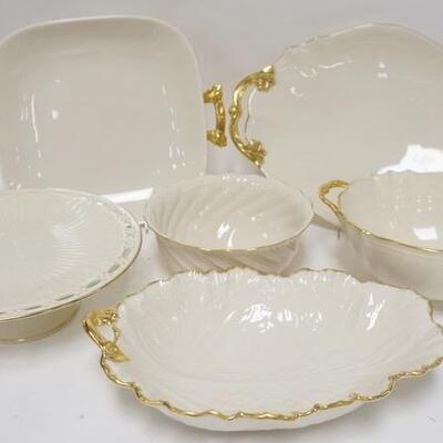 1270	6 GOLD TRIMMED LENOX SERVING PIECES, ALL MADE IN USA, LARGEST PLATTER 16 1/2 IN
