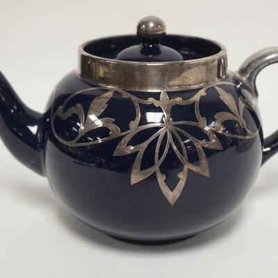 1020	ENGLISH SILVER OVERLAY TEAPOT, MAKERS MARK NOT LEGIBLE, W/INFUSER, 6 3/4 IN HIGH
