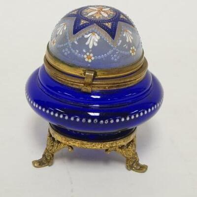 1260	VICTORIAN HAND PAINTED BLUE GLASS DRESSER BOX, 4 IN H 
