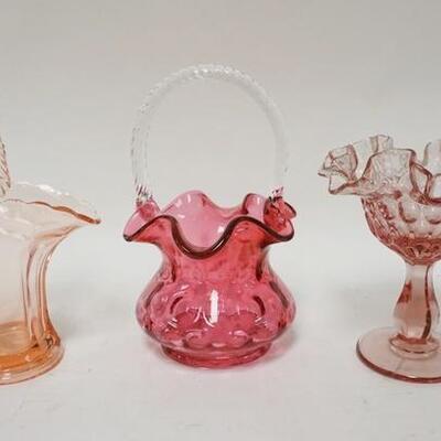 1307	3 PIECE GLASS LOT, FENTON COMPOTE, CRANBERRY BASKET W/TWIST HANDLE & PINK BASKET, TALLEST IS 9 IN
