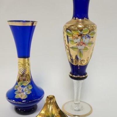 1129	3 PIECE COBALT BLUE W/GOLD GLASS, APPLIED PORCELAIN FLOWERS, TALLEST VASE IS 10 1/4 IN
