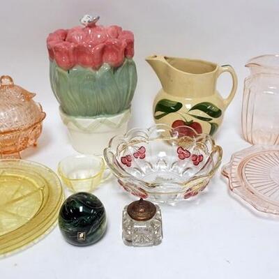 1279	LOT W/GLASS & POTTERY, INCLUDES TULIP BISCUIT JAR, WATT APPLE PITCHER, 2 PIECE PINK MAYFAIR, PAPERWEIGHT, NORTHWOOD CHERRY BOWL,...