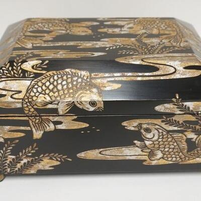 1004	MAITLAND SMITH CARVED BOX W/FISH MOTIF, BRASS BALL FEET, BLACK LACQUER W/SILVER & GOLD GILT, 15 IN X 11 1/4 IN X 8 IN HIGH
