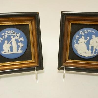 1131	2 SMALL JASPERWARE PLAQUES IN FRAMES, FRAMES ARE 5 3/4 IN SQUARE

