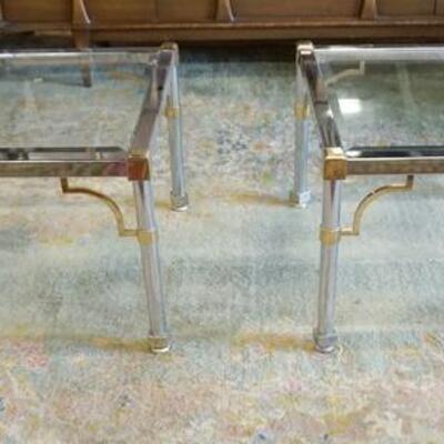 1234	PAIR OF GLASS & CHROME SIDE TABLES 22 3/4 IN SQ, 16 3/4 IN H, BRASS TRIM
