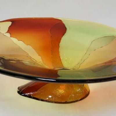 1022	MASSIVE MODERN GLASS BOWL, MULTICOLOR DECORATION, HAS SOME BASE ROUGHNESS, 24 1/2 IN X 20 1/4 IN X 8 1/2 IN HIGH
