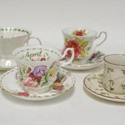 1305	8 CUP & SAUCER SETS, INCLUDES CROWN STAFFORDSHIRE, ROYAL ALBERT, ETC, SMALL BLUE CUP IS CRACKED
