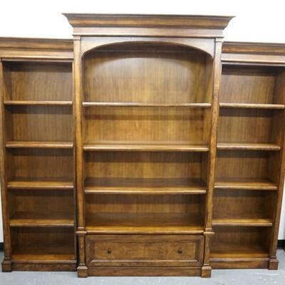 1157	HEKMAN 3 SECTION WALL UNIT W/OPEN SHELVES, CENTER SECTION HAS LIGHTING & DRAWER BENEATH, 98 IN WIDE X 84 1/4 IN HIGH X 17 1/2 IN...