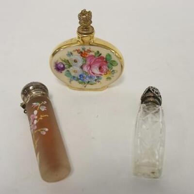 1135	3 PERFUME BOTTLES, ONE ENALEMED VICTORIAN THAT HUNG ON A CHATELAINE, STOPPER MISSING, ONE CUT W/FILIGREE METAL TOP, ONE HAND PAINTED...