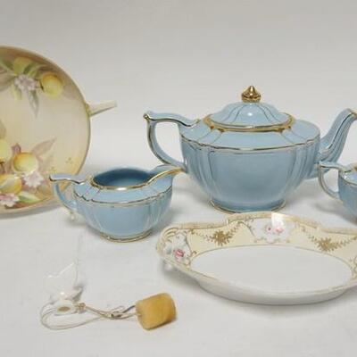 1308	LOT OF SADLER & NIPPON, SADLER 3 PIECE TEASET & 2 NIPPON BOWLS W/GREEN WREATH MARK, LARGEST IS 10 IN ACROSS THE HANDLES
