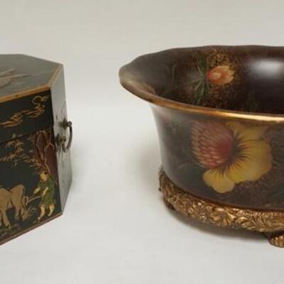 1103	2 PIECES W/DECORATED CENTERPIECE BOWL & ASIAN OCTAGONAL BOX W/MINOR PAINT LOSS, BOWL IS 12 1/2 IN WIDE
