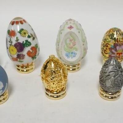 1304	LOT OF 8 DECORATED EGGS, PORCELAIN, METAL & STONE, ALL W/STANDS
