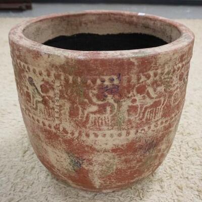 1267	LARGE POTTERY JARDENIERE W/RELIEF DECORATION, SIGNED, 18 IN HIGH X 18 IN DIAMETER
