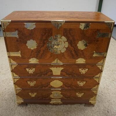 1175	BRASS BOUND ASIAN CABINET W/BURL PANELS, HAS 2 DOORS & 3 DRAWERS W/INTERIOR DRAWERS & SHELF, ONE DOOR PULL MISSING, 41 3/4...