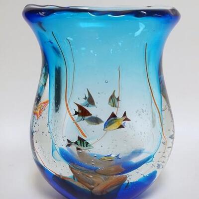 1042	LARGE INTERNALLY DECORATED GLASS VASE, FISH SWIMMING, HAND SIGNED ON THE BASE, NOT LEGIBLE, 11 1/2 IN HIGH
