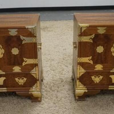 1176	PAIR OF BRASS BOUND ASIAN NIGHT STANDS W/2 DOORS & ONE DRAWER, BURL PANELS, 32 3/4 IN WIDE X 16 IN DEEP X 24 1/2 HIGH
